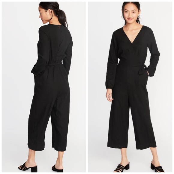 Old Navy Pants - Old Navy Linen Blend Wrap Front Jumpsuit Black M